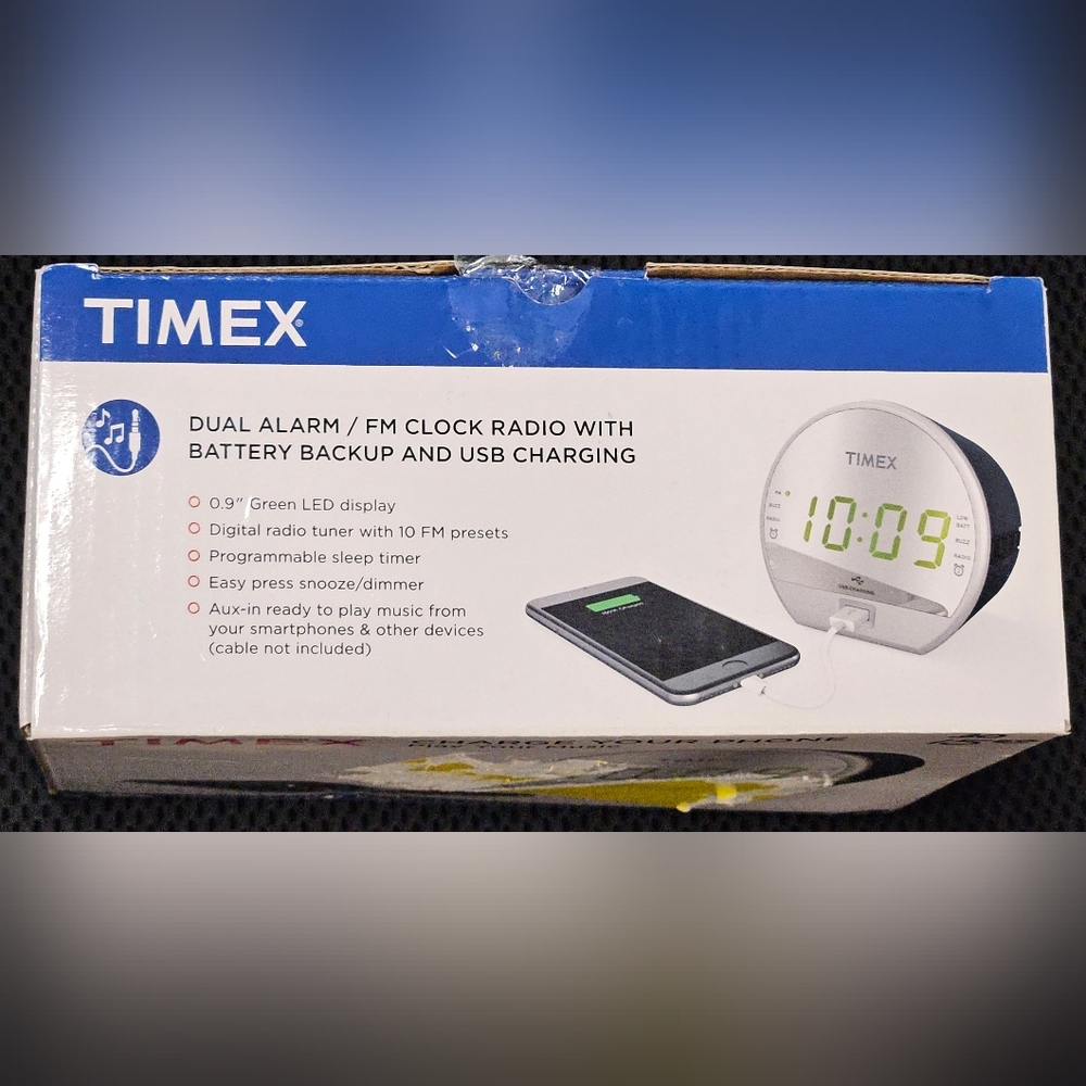 Timex Dual Alarm/ FM Clock w/Built-in Speaker, USB Charger, Green LED Display w/ - Picture 3 of 10